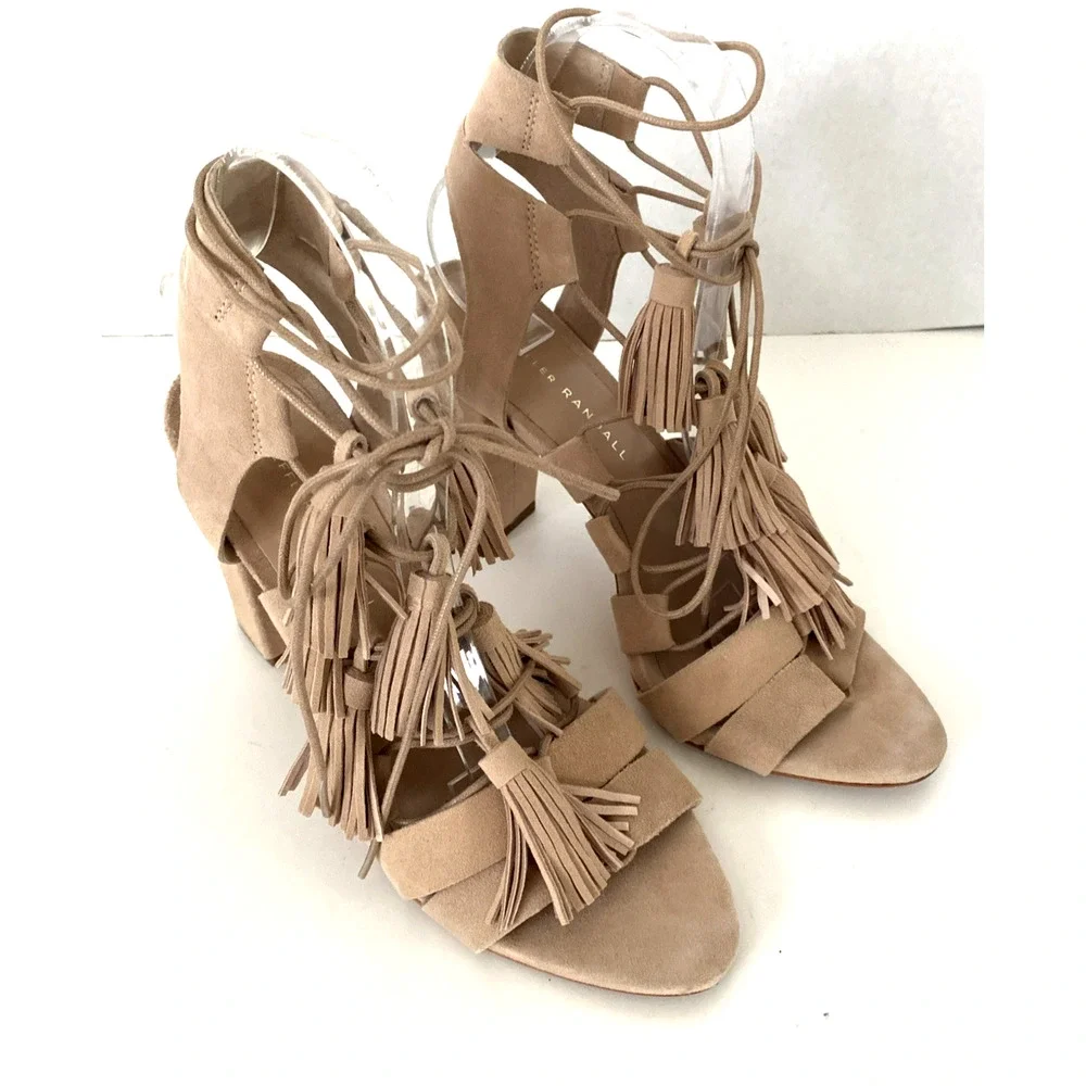 Loeffler Randall Sandal Luz Natural Tan Beige Tassel Lace Up Wraparound Open 8 B